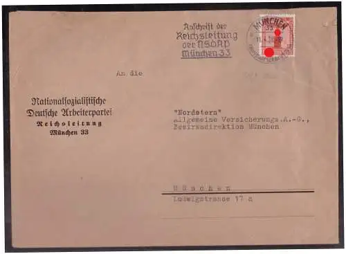 [Propagandapostkarte] Dt Reich (024270) Dienstbrief Vorgedruckt NSDAP Reichsleitung München, gelaufen München 11.4.1938. 