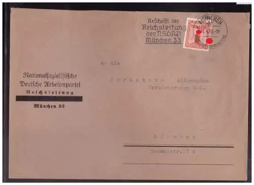 [Propagandapostkarte] Dt Reich (024271) Dienstbrief Vorgedruckt NSDAP Reichsleitung München, gelaufen München 11.4.1938. 
