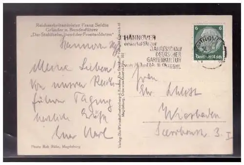 [Propagandapostkarte] Dt Reich (024279) Propagandakarte Reichsarbeitsminister Franz Seldte, gelaufen Hannover. 