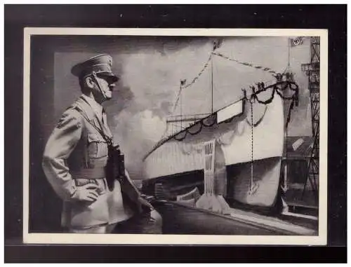 [Propagandapostkarte] Dt Reich (024281) Propagandakarte Hitler vor Schiffshülle stehend "Stapellauf Panzerkreuzer Bremen". Ungebraucht. 