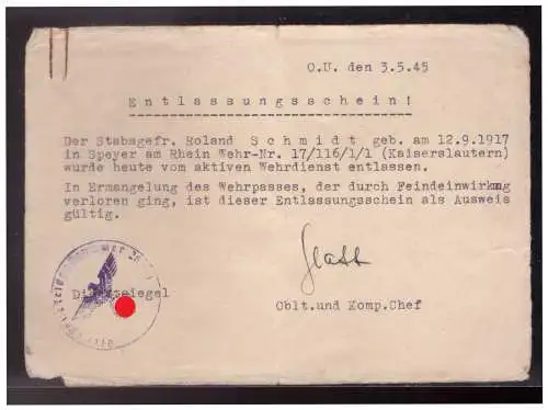 [Propagandapostkarte] Dt- Reich (024288) Propaganda Esatzausweis, Entlassungschein (Kaiserslautern) sehr spät 3.5.1945!!. 