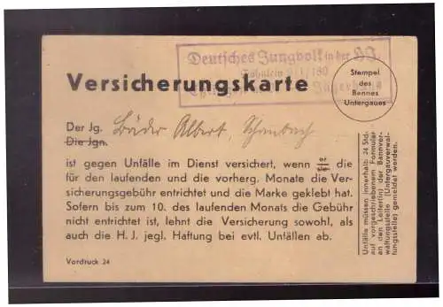 [Propagandapostkarte] Dt- Reich (024289) Propaganda Versicherungskarte mit Stempel Deutsches Junkvolk in der HJ Fähnlein 9/1/180 Esslingen. 