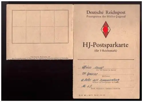 [Propagandapostkarte] Dt- Reich (024291) Propaganda Dt Reichspost HJ Postsparkarte voll Abgespart von 1943. 