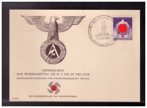 [Propagandapostkarte] Dt-Reich (024298) Propaganda Gedenkkarte Wehrkampftag am 29.9.1942 mit Sonderstempel Neu- Ulm. 