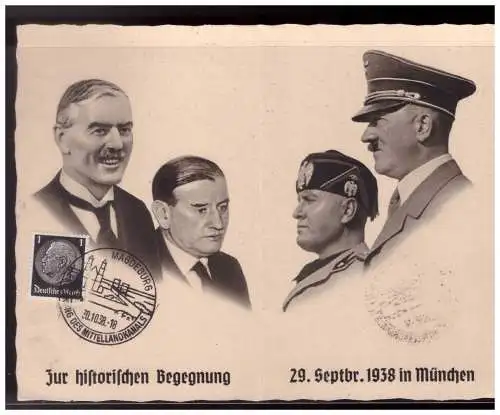 [Propagandapostkarte] Dt- Reich (024309) Propaganda Doppelkarte Hitler, Mussolini, Zur Historischen Begegnung am 29.9.1938 in München, mit SST. 
