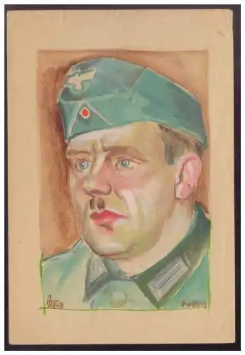 [Propagandapostkarte] DT-Reich (006801) Propaganda 1940 seltene handcolerierte FP-Karte m. Soldatenportrait rs mit Dienststellem Stempel, unge. 