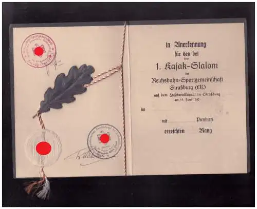 [Propagandapostkarte] Dt- Reich (W00237) Propaganda Urkunde 1.Kajak- Slalom Reichsbahn- Sportgemeinschaft Straßburg, ungebraucht. 