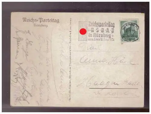 [Propagandapostkarte] Dt- Reich (W00238) Propagandakarte Reichsparteitag Nürberg, gelaufen mit Werbestempel Nürnberg am 8.9.1934. 