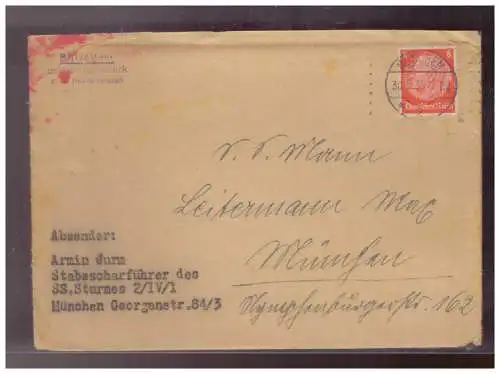 [Propagandapostkarte] Dt- Reich (W00245) Propaganda Brief m Inhalt, Stabsscharführer SS Sturm 2/IV/1 München, gelaufen München 30.5.1935. 