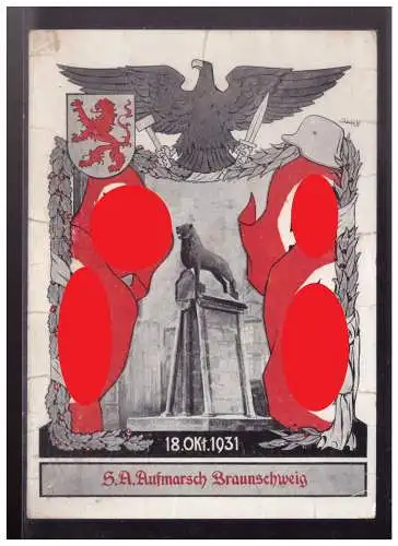 [Propagandapostkarte] Dt- Reich (W00247) Propaganda SA Aufmarsch Braunschweig 1931, diverse Randeinrisse, RS beschriftet extrem seltene Karte. 