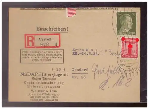 [Propagandapostkarte] Dt- Reich (024492) Propaganda Einberufungsbefehl NSDAP Hitler- Jugend, Gebiet Thüringen/ Weimar, gelaufen 10.4.1944. 