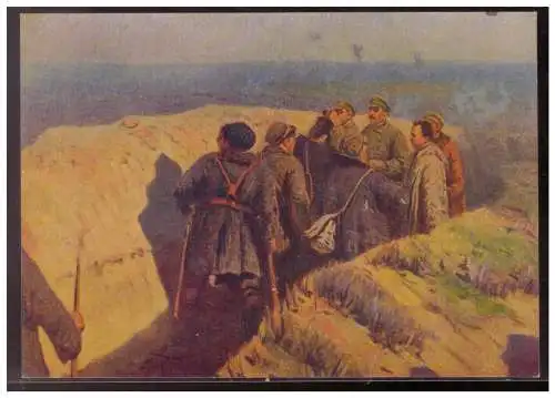 [Propagandapostkarte] UDSSR (008074) AK 1954 Stalin und Voroschilov im Schützengraben bei Zarizyn, nach Gemälden des Malers Grekow ungbraucht. 