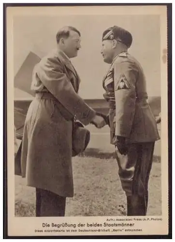 [Propagandapostkarte] Dt.- Reich (008136) Propagandakarte Hitler, Mussolini, Die Begrüßung der beiden Staatsmänner, ungebraucht. 