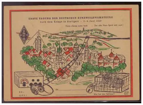 [Werbepostkarte] Motiv (008297) AK Erste Tagung der Deutschen Kurzwellenamateure, nach dem Kriege in Stuttgart, 6,1947, gelaufen mit SST. 