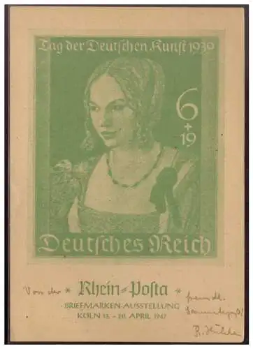 [Werbepostkarte] Motiv (008401) AK Rhein- Posta, Briefmarken Ausstellung Köln vom 13.-20.4.1947, gelaufen am 12.4.1947 Köln. 