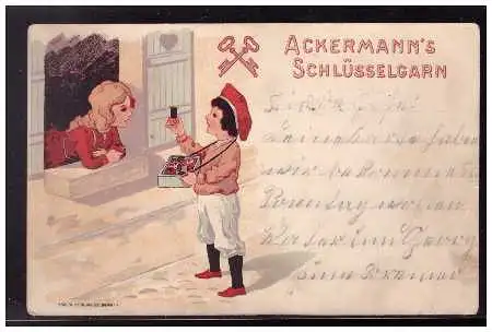 [Werbepostkarte] DT- Reich (008704) Werbepostkarte Ackermann`s Schlüsselgarn, gelaufen. 