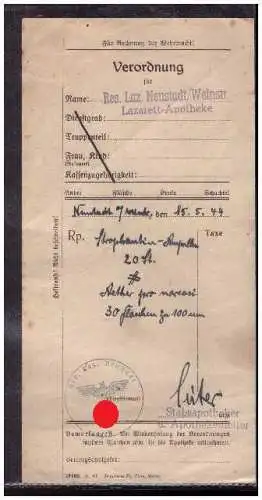 DT- Reich (008957) Rezept für private Apotheke Neustadt/ Weinstr. vom 25.5.1944