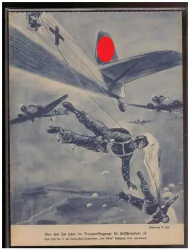[Propagandapostkarte] Dt- Reich (009031) Propaganda, Über den Ziel setzen die Transportflugzeuge die Fallschirmjäger ab. 