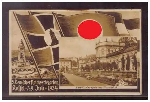 [Propagandapostkarte] Dt- Reich (009050) Propagandakarte 5. Deutscher Reichskriegertag Kassel, Orangerie mit Moorbad, gelaufen Kassel 7.7.1935. 