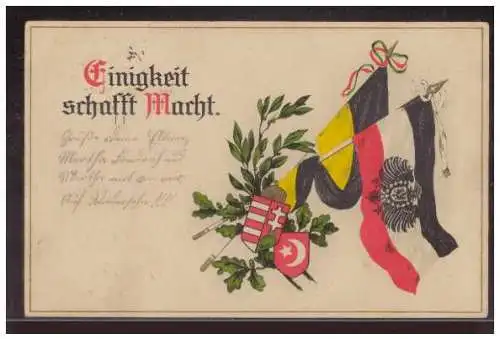 [Propagandapostkarte] DT- Reich (009254) Patriotismus Postkarte Einigkeit schafft Macht, gelaufen Bispingen 1916. 