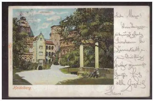 [Echtfotokarte farbig] AK (009259) Heidelberg, Schlosshof, gelaufen Heidelberg 1902. 