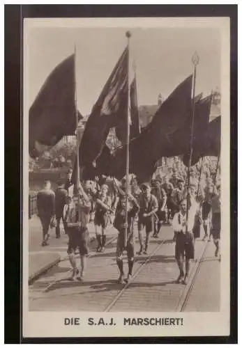 [Propagandapostkarte] DDR (009439) Propagandakarte Die S.A.J. maschiert, Fördert die Sozialistische Arbeiterjugend, ungebraucht. 