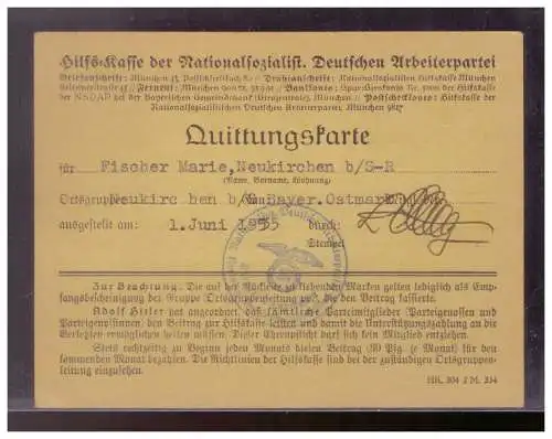 DT- Reich (009466) Propaganda Quittungskarte der Hilfskasse der NSDAP mit Beitragsmarken 1934/ 1935