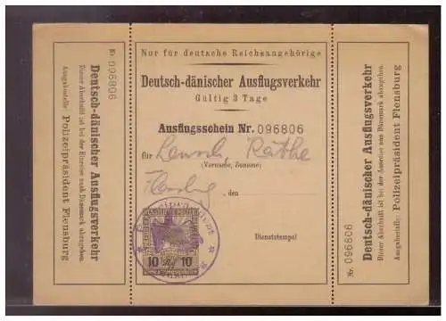 DT- Reich (009467) Propaganda Deutsch - dänischer Ausflugsverkehr, 3 Tage, mit Gebührenmarke der Polizei 10 rpf