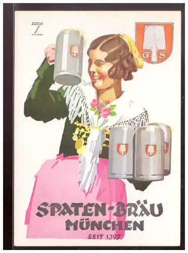 [Werbepostkarte] Dt- Reich (009831) Werbepostkarte Spaten-Bräu München Ludwig Hohlwein, ungebraucht für den französischen Markt. 