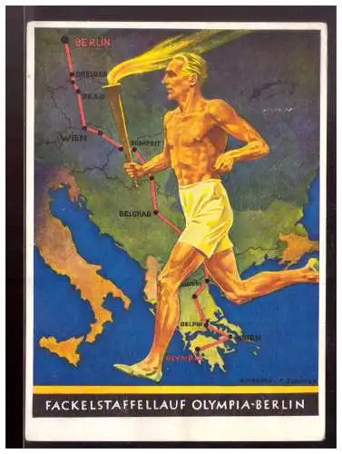 [Propagandapostkarte] DT- Reich (020093) Propagandakarte Fackellauf Olympia- Berlin, Werbepostkarte 6, gelaufen Marke entfernt. 