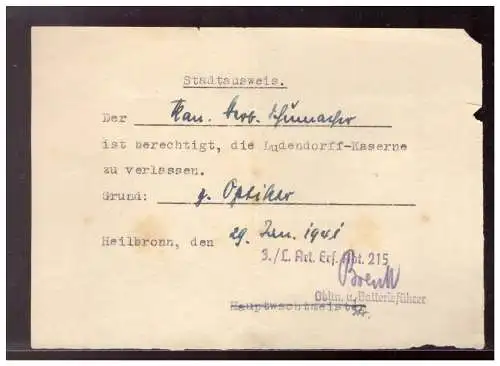 Dt- Reich (020125) Stadtausweis Ludendorff- Kaserne Heilbronn 29.1.1941 mit Unterschrift