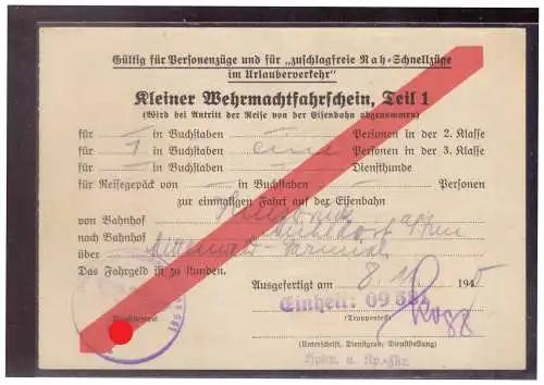 Dt- Reich (020269) Kleiner Wehrmachtsfahrschein Teil 1 nach Mühldorf am 8.11.1940