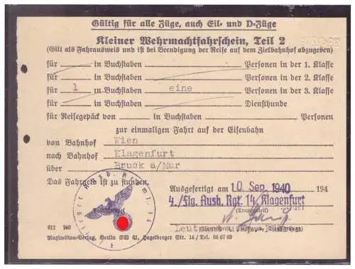 Dt- Reich (020271) Kleiner Wehrmachtsfahrschein Teil 2 von Wien nach Klagenfurt am 10.9.1940