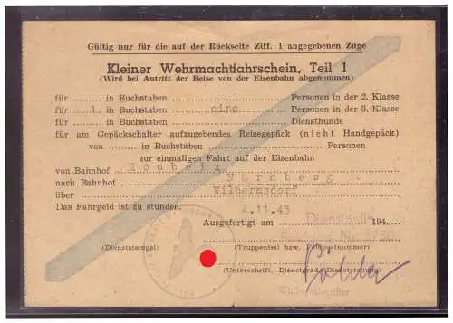 Dt- Reich (020272) Kleiner Wehrmachtsfahrschein Teil 1 von Roubaix nach Nürnberg vom 4.11.1943