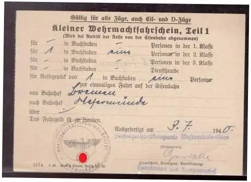 Dt- Reich (020273) Kleiner Wehrmachtsfahrschein Teil 1 von Seefliegerhorstkompanie Wesermünde- Nord vom 3.7.1940