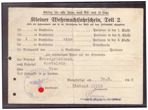Dt- Reich (020274) Kleiner Wehrmachtsfahrschein Teil 2 von Grossgründlach nach Kosteletz am 30.9.1940