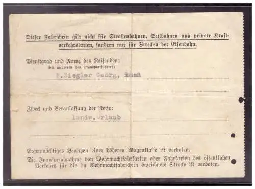Dt- Reich (020274) Kleiner Wehrmachtsfahrschein Teil 2 von Grossgründlach nach Kosteletz am 30.9.1940