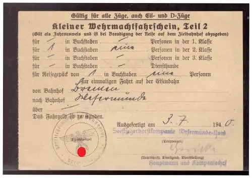 Dt- Reich (020278) Kleiner Wehrmachtsfahrschein Teil 2 Seefliegerhorstkompanie Wesermünde- Nord vom 3.7.1940