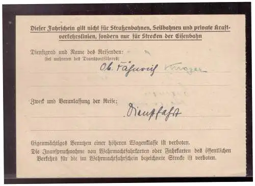 Dt- Reich (020278) Kleiner Wehrmachtsfahrschein Teil 2 Seefliegerhorstkompanie Wesermünde- Nord vom 3.7.1940
