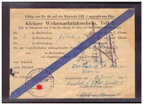 Dt- Reich (020279) Kleiner Wehrmachtsfahrschein Teil 1 vom 3.6.1942