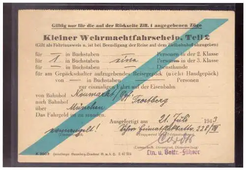 Dt- Reich (020280) Kleiner Wehrmachtsfahrschein Teil 2 von Neumarkt nach Trostberg am 21.7.1943