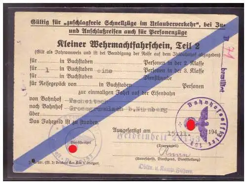 Dt- Reich (020281) Kleiner Wehrmachtsfahrschein Teil 2 von Tscheitsch nach Grossgrundlach b. Nürnberg am 15.11.??