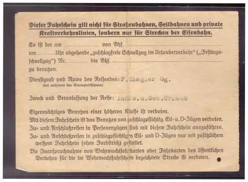 Dt- Reich (020281) Kleiner Wehrmachtsfahrschein Teil 2 von Tscheitsch nach Grossgrundlach b. Nürnberg am 15.11.??