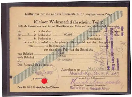 Dt- Reich (020282) Kleiner Wehrmachtsfahrschein Teil 2 von Ulm nach Wien am 14.1.1943
