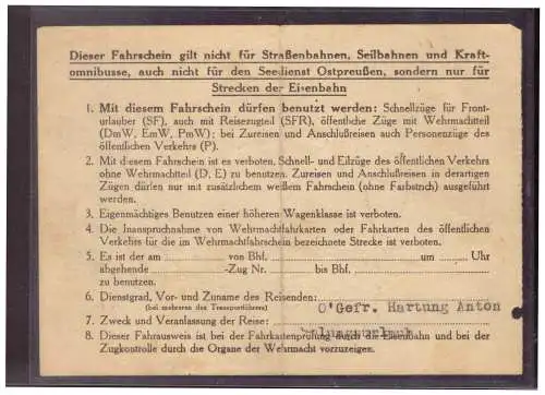 Dt- Reich (020282) Kleiner Wehrmachtsfahrschein Teil 2 von Ulm nach Wien am 14.1.1943