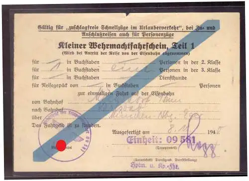 Dt- Reich (020283) Kleiner Wehrmachtsfahrschein Teil 1 Einheit 09581 vom 8.11.1940