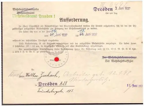 Dt- Reich (020292) Aufforderung Anlegung eines Wehrstammblattes bei der Meldebehörde mit Handschriftlichen Vermerken