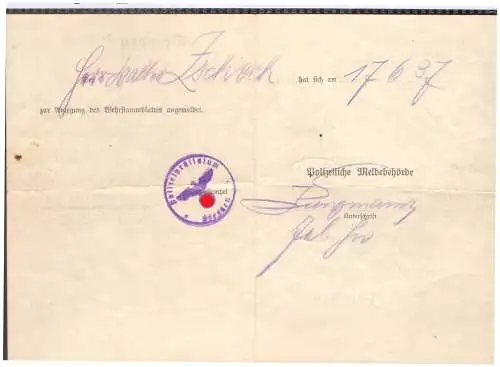 Dt- Reich (020292) Aufforderung Anlegung eines Wehrstammblattes bei der Meldebehörde mit Handschriftlichen Vermerken