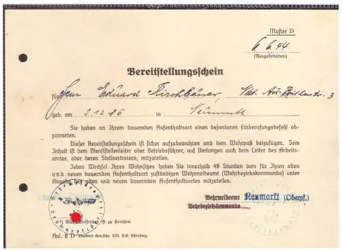 Dt- Reich (020295) Bereitstellungsschein Wehrmeldeamt Neumarkt (Oberpf) vom 6.6.1944