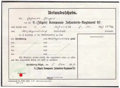 Dt- Reich (020298) Urlaubschein 9. (Jäger) Kompanie Infanterie- Regiment 83, Hirschberg 5.11.1937